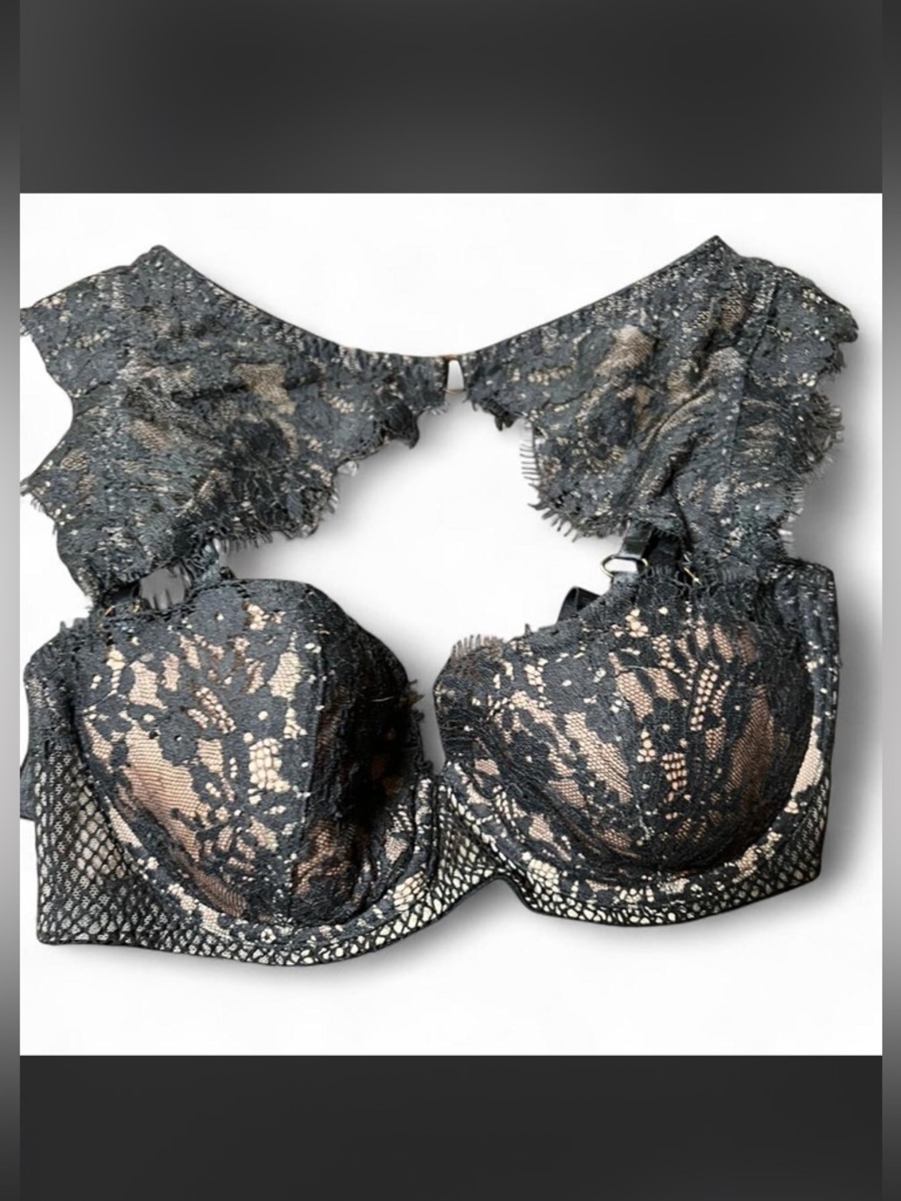 Victoria's Secret Black Lace & Nude Underlay Ruffled Strap Bra